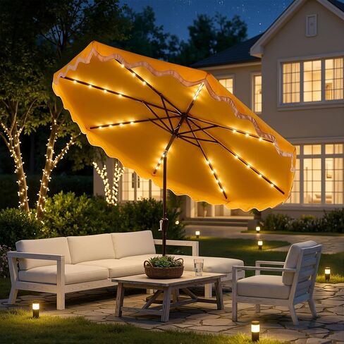 10FT Patio Umbrella with Solar Lights,Outdoor Table Market Umbrella with 30° Tilt,UV 50+, 8 Sturdy Ribs, Easy Push Button Tilt, Water Resistant for Pool Backyard (Base Not Included) in Kuwait
