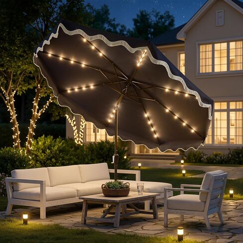 10FT Patio Umbrella with Solar Lights,Outdoor Table Market Umbrella with 30° Tilt,UV 50+, 8 Sturdy Ribs, Easy Push Button Tilt, Water Resistant for Pool Backyard (Base Not Included) in Kuwait