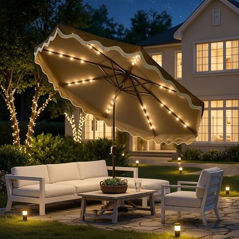 10FT Patio Umbrella with Solar Lights,Outdoor Table Market Umbrella with 30° Tilt,UV 50+, 8 Sturdy Ribs, Easy Push Button Tilt, Water Resistant for Pool Backyard (Base Not Included) in Kuwait