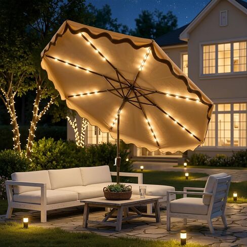 10FT Patio Umbrella with Solar Lights,Outdoor Table Market Umbrella with 30° Tilt,UV 50+, 8 Sturdy Ribs, Easy Push Button Tilt, Water Resistant for Pool Backyard (Base Not Included) in Kuwait