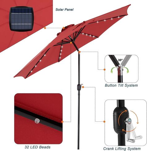 DUMOS Outdoor Solar Patio Umbrella with 32 LED Lights, Beach Market Table Umbrella with Crank and 8 Sturdy Ribs for Pool, Terrace, Restaurant in Kuwait