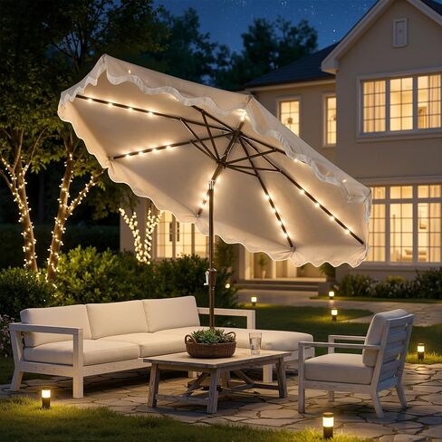 10FT Patio Umbrella with Solar Lights,Outdoor Table Market Umbrella with 30° Tilt,UV 50+, 8 Sturdy Ribs, Easy Push Button Tilt, Water Resistant for Pool Backyard (Base Not Included) in Kuwait