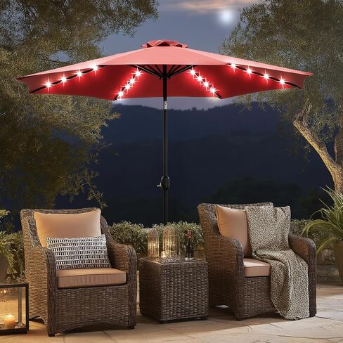 DUMOS Outdoor Solar Patio Umbrella with 32 LED Lights, Beach Market Table Umbrella with Crank and 8 Sturdy Ribs for Pool, Terrace, Restaurant in Kuwait