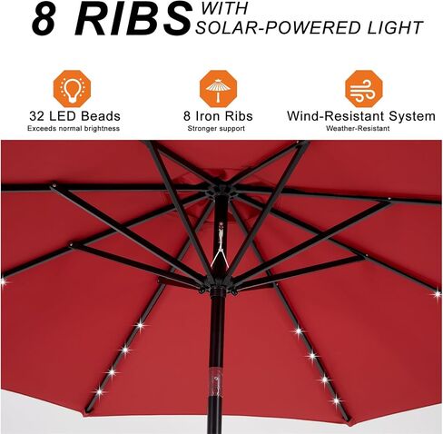 DUMOS Outdoor Solar Patio Umbrella with 32 LED Lights, Beach Market Table Umbrella with Crank and 8 Sturdy Ribs for Pool, Terrace, Restaurant in Kuwait