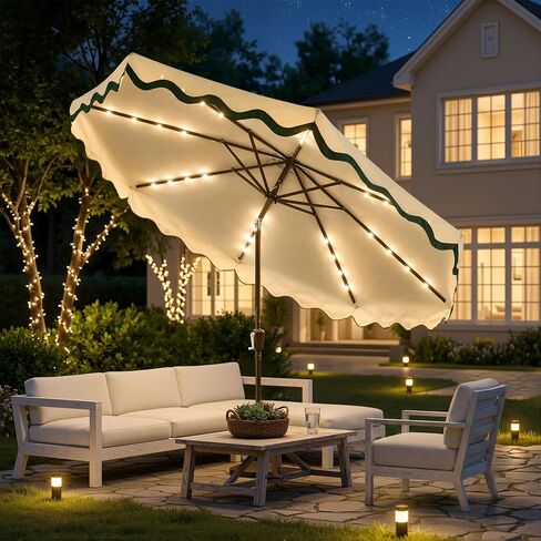 10FT Patio Umbrella with Solar Lights,Outdoor Table Market Umbrella with 30° Tilt,UV 50+, 8 Sturdy Ribs, Easy Push Button Tilt, Water Resistant for Pool Backyard (Base Not Included) in Kuwait