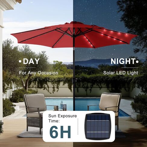 DUMOS Outdoor Solar Patio Umbrella with 32 LED Lights, Beach Market Table Umbrella with Crank and 8 Sturdy Ribs for Pool, Terrace, Restaurant in Kuwait