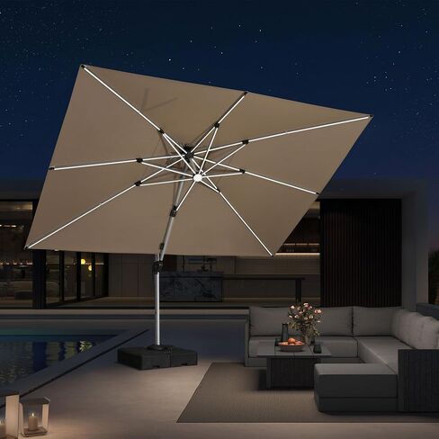 PURPLE LEAF Cantilever Umbrella 9' X 12' Double Top LED Light, Deep Beige | 7 Long + 8 short strips LED, Stay bright with long-time, Skin Cancer Foundation recommended fabric, Block 98% harmful UV rays in Kuwait
