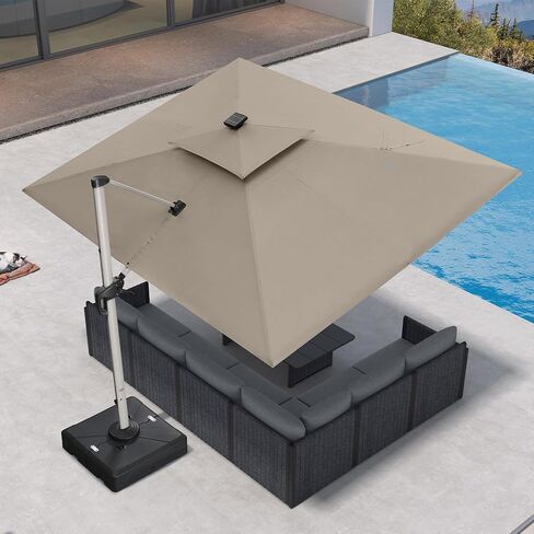 PURPLE LEAF Cantilever Umbrella 9' X 12' Double Top LED Light, Deep Beige | 7 Long + 8 short strips LED, Stay bright with long-time, Skin Cancer Foundation recommended fabric, Block 98% harmful UV rays in Kuwait