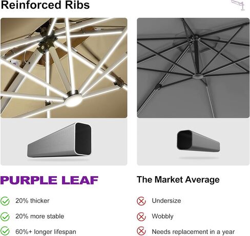PURPLE LEAF Cantilever Umbrella 9' X 12' Double Top LED Light, Deep Beige | 7 Long + 8 short strips LED, Stay bright with long-time, Skin Cancer Foundation recommended fabric, Block 98% harmful UV rays in Kuwait