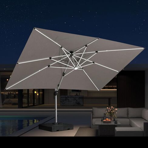 PURPLE LEAF Cantilever Umbrella 9' X 12' Double Top LED Light, Deep Beige | 7 Long + 8 short strips LED, Stay bright with long-time, Skin Cancer Foundation recommended fabric, Block 98% harmful UV rays in Kuwait