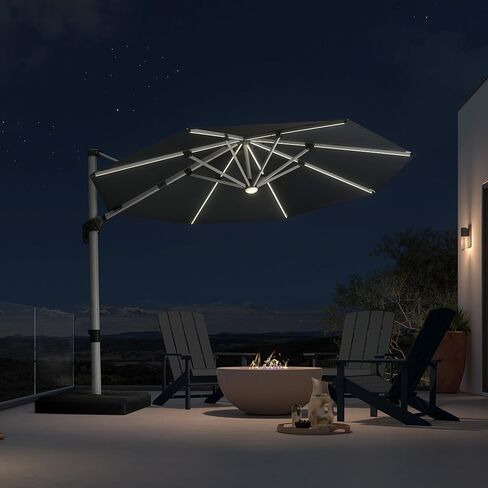 PURPLE LEAF Cantilever Umbrella 9' X 12' Double Top LED Light, Deep Beige | 7 Long + 8 short strips LED, Stay bright with long-time, Skin Cancer Foundation recommended fabric, Block 98% harmful UV rays in Kuwait