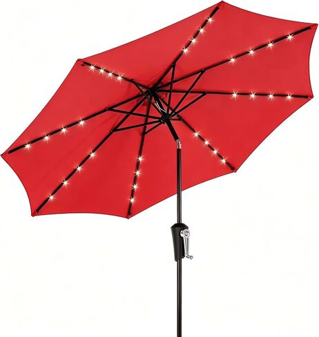 DUMOS Outdoor Solar Patio Umbrella with 32 LED Lights, Beach Market Table Umbrella with Crank and 8 Sturdy Ribs for Pool, Terrace, Restaurant in Kuwait