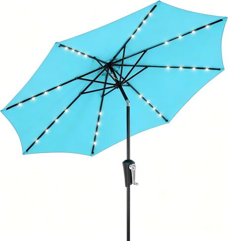 DUMOS Outdoor Solar Patio Umbrella with 32 LED Lights, Beach Market Table Umbrella with Crank and 8 Sturdy Ribs for Pool, Terrace, Restaurant in Kuwait