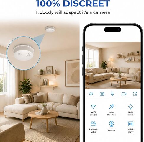 HD 1080P Camera Smoke Detector, WiFi Mini Small Nanny Cam with Motion Detection, Indoor Wireless Surveillance for Home Security/Office with app in Kuwait