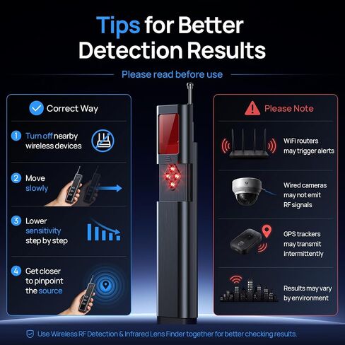 Hidden Camera Detector,RF Detector,Infrared Lens&GPS Tracker Detector | Clear Display Screen Guided High-to-Low Sensitivity Clear Detection Range Reduce False Alert for travel,hotel,office,car in Kuwait