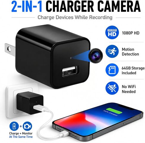 64G USB Charger Hidden Camera, 1080P Motion Detection Indoor Security Camera with SD Card Included, No WiFi/Monthly Fee, 106° Wide Angle, Local Storage Home Monitoring Device (2026 Upgraded) in Kuwait
