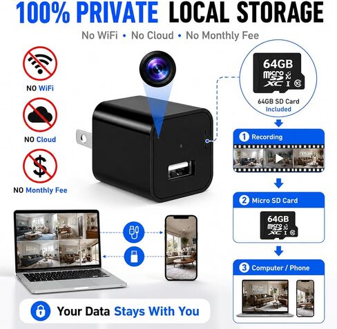 64G USB Charger Hidden Camera, 1080P Motion Detection Indoor Security Camera with SD Card Included, No WiFi/Monthly Fee, 106° Wide Angle, Local Storage Home Monitoring Device (2026 Upgraded) in Kuwait