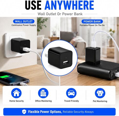 64G USB Charger Hidden Camera, 1080P Motion Detection Indoor Security Camera with SD Card Included, No WiFi/Monthly Fee, 106° Wide Angle, Local Storage Home Monitoring Device (2026 Upgraded) in Kuwait