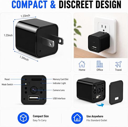 64G USB Charger Hidden Camera, 1080P Motion Detection Indoor Security Camera with SD Card Included, No WiFi/Monthly Fee, 106° Wide Angle, Local Storage Home Monitoring Device (2026 Upgraded) in Kuwait