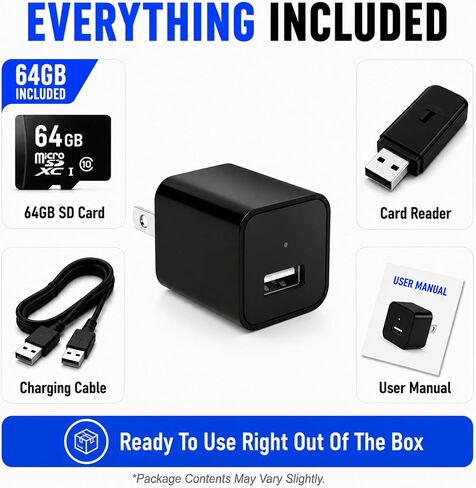 64G USB Charger Hidden Camera, 1080P Motion Detection Indoor Security Camera with SD Card Included, No WiFi/Monthly Fee, 106° Wide Angle, Local Storage Home Monitoring Device (2026 Upgraded) in Kuwait