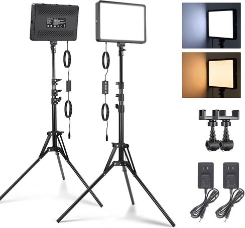 NEEWER Basics 2Pcs LED Video Light Panel with 59'' Tripod Stands/Phone Holders, 2700-6500K 850Lux Dimmable Plastic Studio Lighting for Photography Filming Recording Live Streaming, No Adapter, BP300 in Kuwait