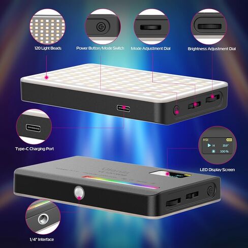 ULANZI VL120 RGB Video Light, Pocket LED On-Camera Video Lights, Built-in 3100mAh Rechargeable Battery, 360 Full Color 20 Light Effects, CRI≥95 2500-9000K LED Panels for Photography Vlogging in Kuwait