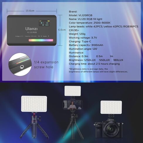 ULANZI VL120 RGB Video Light, Pocket LED On-Camera Video Lights, Built-in 3100mAh Rechargeable Battery, 360 Full Color 20 Light Effects, CRI≥95 2500-9000K LED Panels for Photography Vlogging in Kuwait