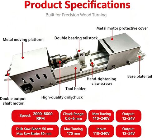 Mini Wood Lathe, 7-Speed Adjustment, 2000-8000 RPM for Hobbyist Workshop | Benchtop Woodworking Lathe, Precision Lathe Machine with Precision Drill Chuck 0.6-6mm Clamping Range & 50mm Saw Blade in Kuwait