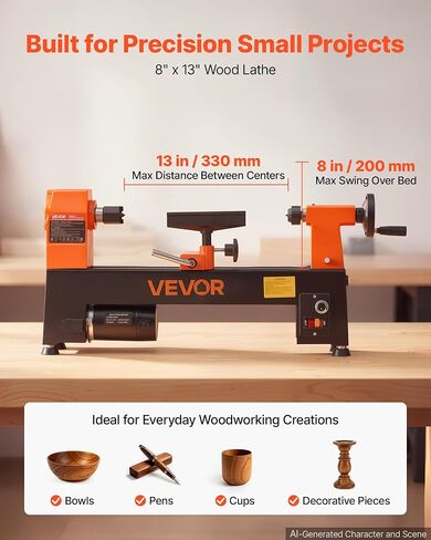 VEVOR Wood Lathe 1/3 HP 8" x 13" Mini Benchtop Wood Lathe Variable Speed, 150 to 3200 RPM, Woodworking Machine with Tool Rest, Wrenches, Feet, for Beginners DIY Enthusiasts Woodworking, Woodturning in Kuwait