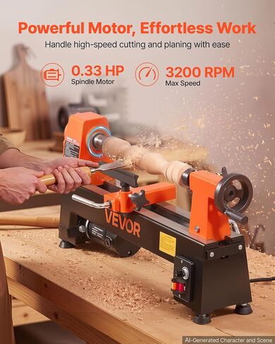VEVOR Wood Lathe 1/3 HP 8" x 13" Mini Benchtop Wood Lathe Variable Speed, 150 to 3200 RPM, Woodworking Machine with Tool Rest, Wrenches, Feet, for Beginners DIY Enthusiasts Woodworking, Woodturning in Kuwait