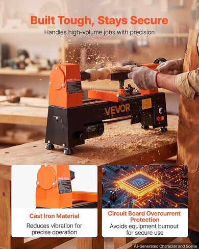 VEVOR Wood Lathe 1/3 HP 8" x 13" Mini Benchtop Wood Lathe Variable Speed, 150 to 3200 RPM, Woodworking Machine with Tool Rest, Wrenches, Feet, for Beginners DIY Enthusiasts Woodworking, Woodturning in Kuwait