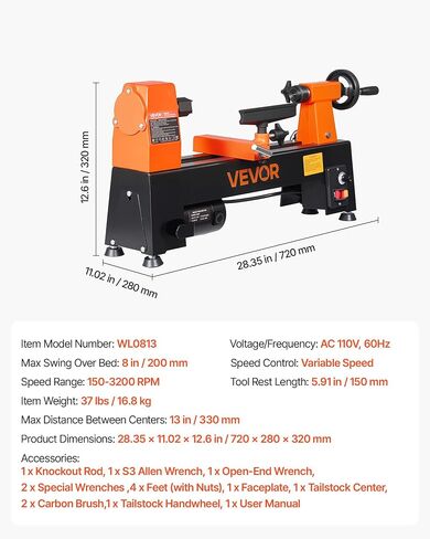 VEVOR Wood Lathe 1/3 HP 8" x 13" Mini Benchtop Wood Lathe Variable Speed, 150 to 3200 RPM, Woodworking Machine with Tool Rest, Wrenches, Feet, for Beginners DIY Enthusiasts Woodworking, Woodturning in Kuwait