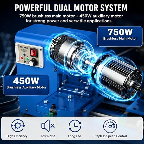 750W+450W Dual Brushless Motor Wood Bead Lathe | 4-Jaw Chuck Cast iron bed with HG20 linear guide, MT2 Taper stepless speed control, dual independent brushless motors in Kuwait