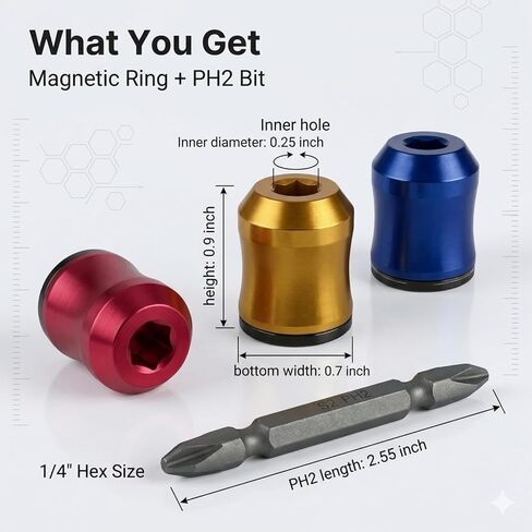Magnetic Screw Ring Set 3PCS with PH2 S2 Bit, 1/4" Hex Screw Holder for Drill & Power Bits, Removable Magnetic Screwdriver Bit Holder for DIY, Woodworking, Mechanics & Repair in Kuwait