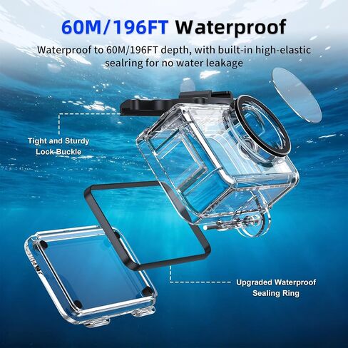 Underwater Waterproof Case for DJI Action 5 Pro/Action 4/3 Camera, 196FT/60M Dive Diving Housing Cover Shell with Anti-Fog Underwater Protective Accessories in Kuwait