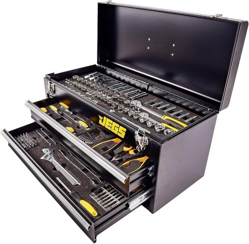 JEGS 170-Piece Mechanic's Tool Set - Includes Black Powder Coated Steel Toolbox, Sockets, Extenders, Ratchets, Wrenches, Screwdrivers, Pliers & Bits in Kuwait