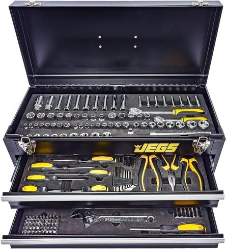 JEGS 170-Piece Mechanic's Tool Set - Includes Black Powder Coated Steel Toolbox, Sockets, Extenders, Ratchets, Wrenches, Screwdrivers, Pliers & Bits in Kuwait
