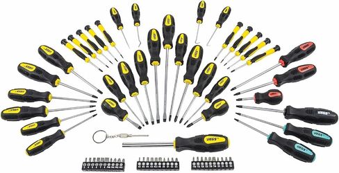 JEGS 69-Piece Screwdriver Set | 34 Screwdrivers with Magnetic Tips | 30 Assorted Bits | 4 Awls | Rubber Grip Handles | Chrome Vanadium Shafts | Color-Coded with JEGS Logo in Kuwait