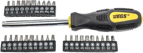 JEGS 69-Piece Screwdriver Set | 34 Screwdrivers with Magnetic Tips | 30 Assorted Bits | 4 Awls | Rubber Grip Handles | Chrome Vanadium Shafts | Color-Coded with JEGS Logo in Kuwait