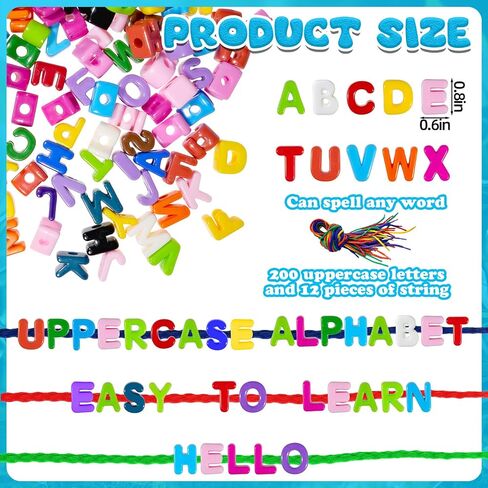 Bbiamsleep 212 Pcs Lacing Letters Beads, Colorful Mixed Alphabet Beads | Uppercase Lacing Alphabet Beads with 12 Laces for Fine Motor Skills Spelling and Training in Kuwait