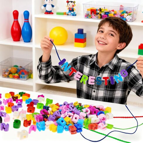 Bbiamsleep 212 Pcs Lacing Letters Beads, Colorful Mixed Alphabet Beads | Uppercase Lacing Alphabet Beads with 12 Laces for Fine Motor Skills Spelling and Training in Kuwait