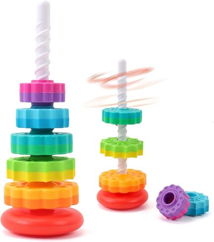 Riuja Baby Spinning Stacking Toys, 1-3 Rainbow Ring Stacker Montessori Toys for Babies, Sensory Toys for Toddlers, Christmas and Birthday Gifts Suitable for Boys and Girls (14 inches) in Kuwait