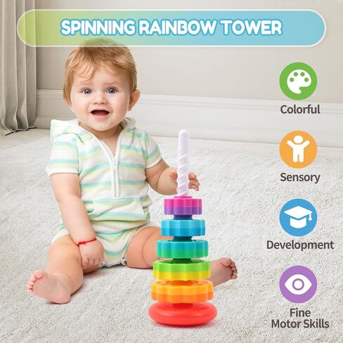 Riuja Baby Spinning Stacking Toys, 1-3 Rainbow Ring Stacker Montessori Toys for Babies, Sensory Toys for Toddlers, Christmas and Birthday Gifts Suitable for Boys and Girls (14 inches) in Kuwait