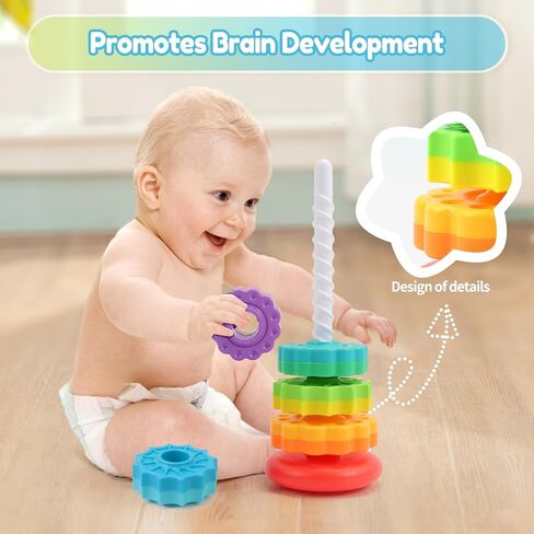 Riuja Baby Spinning Stacking Toys, 1-3 Rainbow Ring Stacker Montessori Toys for Babies, Sensory Toys for Toddlers, Christmas and Birthday Gifts Suitable for Boys and Girls (14 inches) in Kuwait