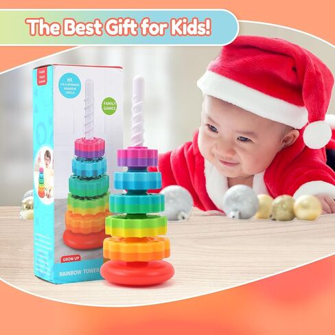 Riuja Baby Spinning Stacking Toys, 1-3 Rainbow Ring Stacker Montessori Toys for Babies, Sensory Toys for Toddlers, Christmas and Birthday Gifts Suitable for Boys and Girls (14 inches) in Kuwait