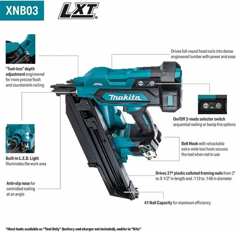 Makita XNB03Z 18V LXT® Lithium-Ion Cordless 21º Full Round Head 3-1/2" Framing Nailer, Tool Only | 18V Lxt Brushless, Drives 2-3-1/2 Nails, 41-Nail Magazine, Tool Only in Kuwait