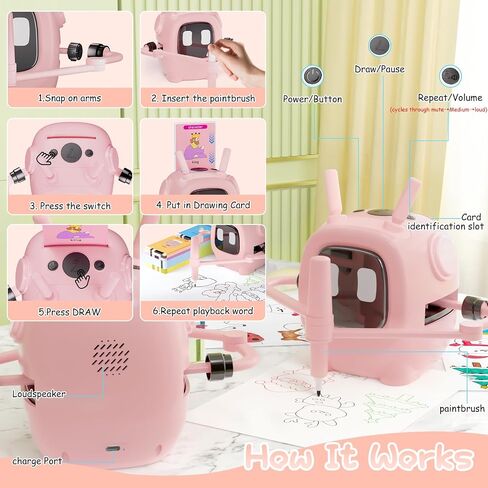Drawing Robot for Kids with 192 Cards, Smart Robot Drawing Machine Toys for 3+ Year Old Boys and Girls, Interactive Painting Learning and Educational Toy Perfect for Birthday Chirstmas Party, Pink in Kuwait