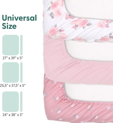 The Peanutshell 3-Pack Fitted Playard Sheets - Soft & Breathable Baby Girl Mini Crib Sheets, Pack N Play Mattress, Fits Standard Playard Pack Play Mattresses - Pink Roses & Ditsy in Kuwait
