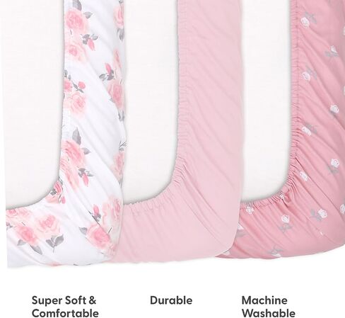 The Peanutshell 3-Pack Fitted Playard Sheets - Soft & Breathable Baby Girl Mini Crib Sheets, Pack N Play Mattress, Fits Standard Playard Pack Play Mattresses - Pink Roses & Ditsy in Kuwait