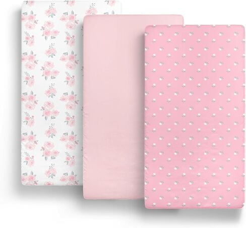 The Peanutshell 3-Pack Fitted Playard Sheets - Soft & Breathable Baby Girl Mini Crib Sheets, Pack N Play Mattress, Fits Standard Playard Pack Play Mattresses - Pink Roses & Ditsy in Kuwait